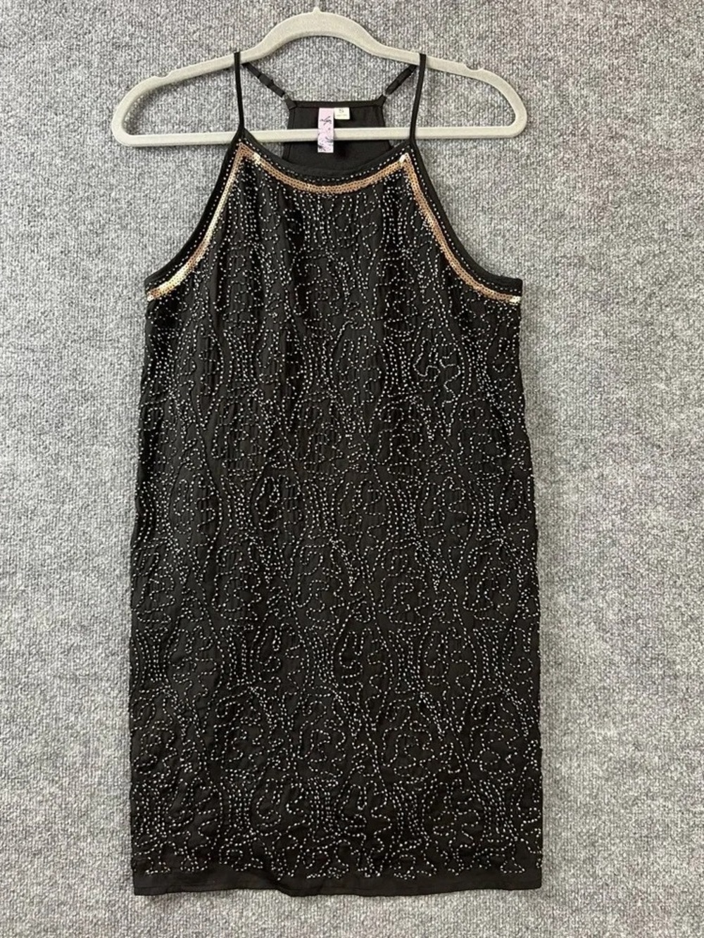 Alyx Black Beaded Halter Mini Dress with Gold Accent